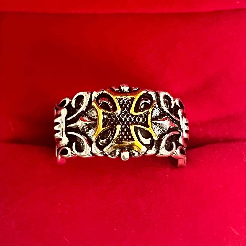 Vintage/Gothic Punk Cross Two-Tone Statement Ring Adjustable Size 9-14